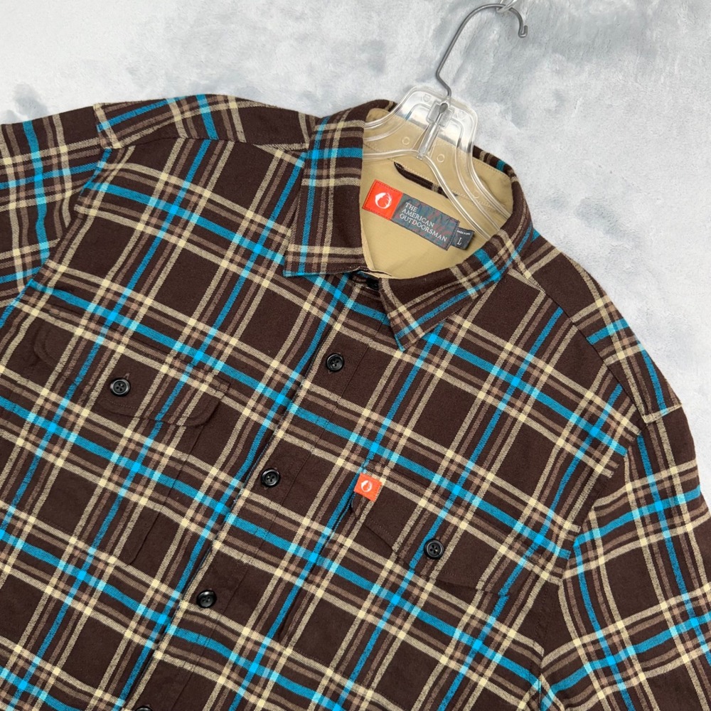 The American Outdoorsman Flannel Shirt Mens L Brown Plaid Long Sleeve Button Up - Picture 8 of 12